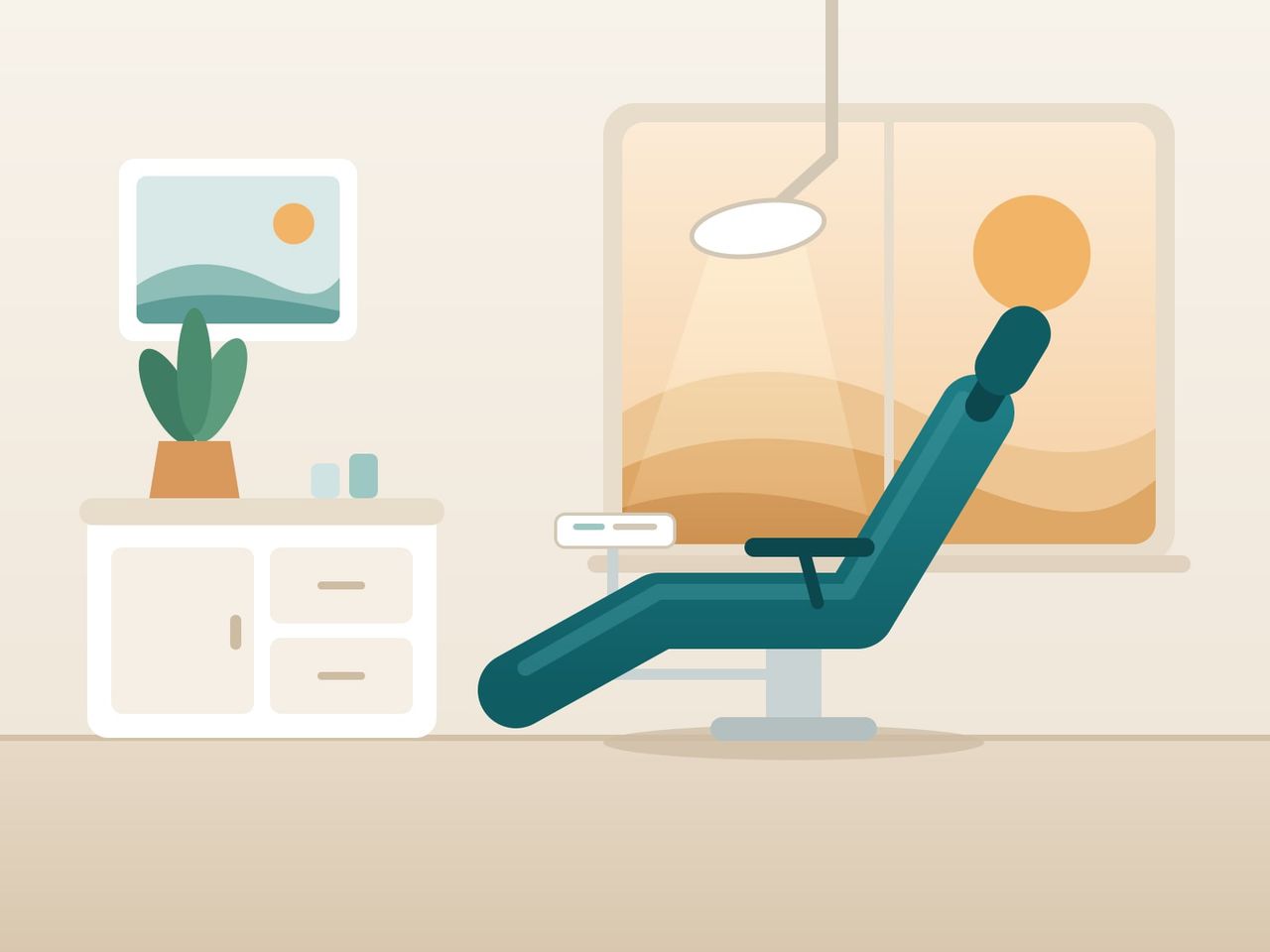 Ilustración de un consultorio dental luminoso con sillón y ventana hacia las dunas