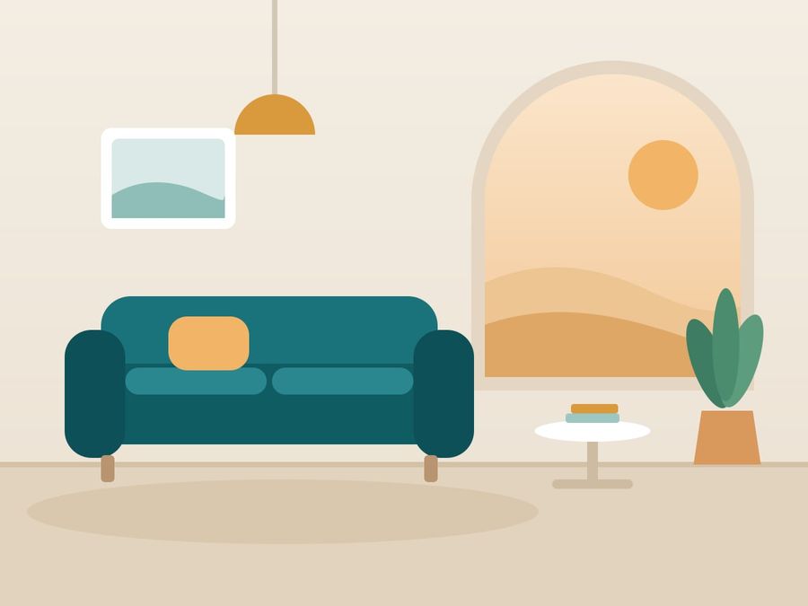 Ilustración de la sala de espera con sillones y plantas